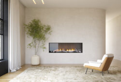 Interior of modern living room with fireplace 3 D rendering