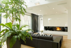 Spacious and modern living room with sofa and fireplace